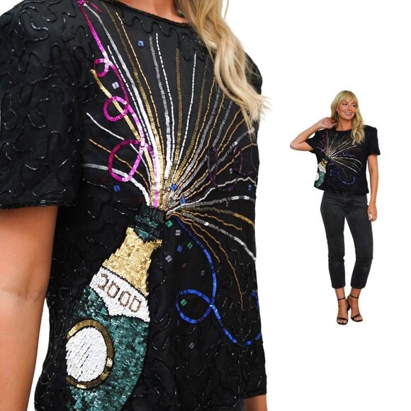 Y2K Vintage 2000 Champagne Pop Sequin Beaded Top - Millennium, Party, NYE - Picture 1 of 10
